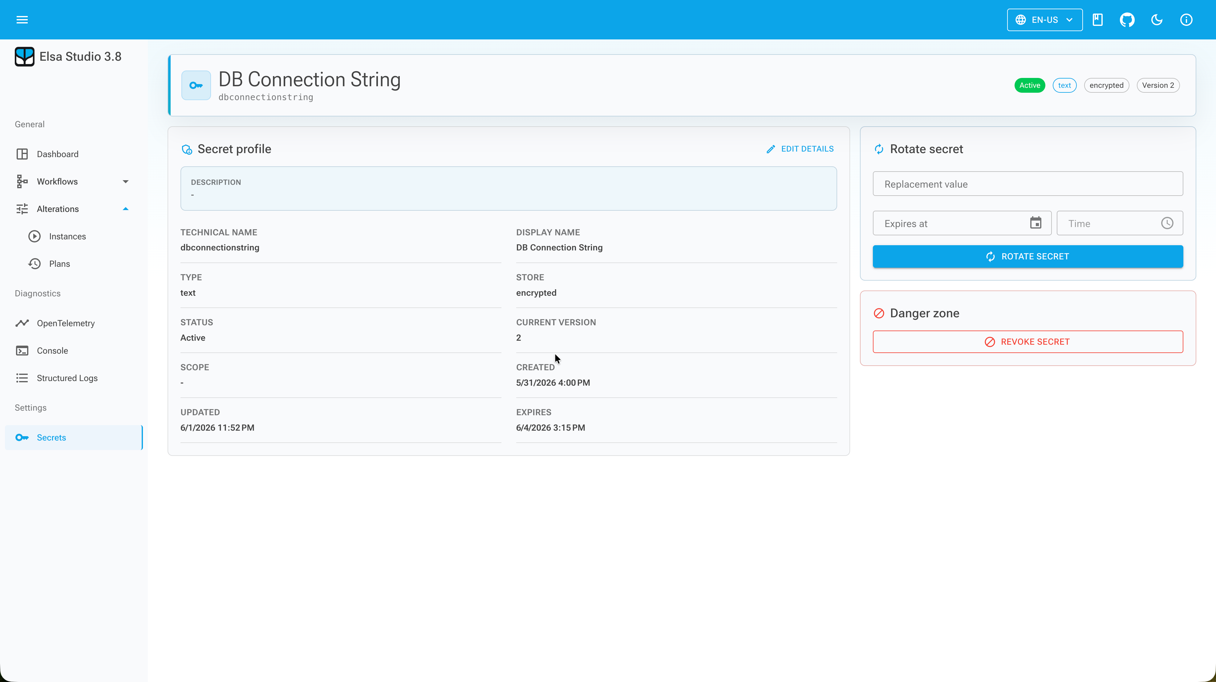Elsa Studio secret details page with profile metadata, version status, rotation controls, and revoke action