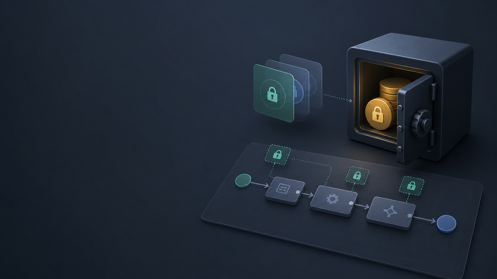 Generated technical illustration of workflow inputs referencing named secrets stored in a secure module